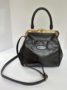 Vintage Oroton Black Genuine Leather Satchel with Gold Hardware